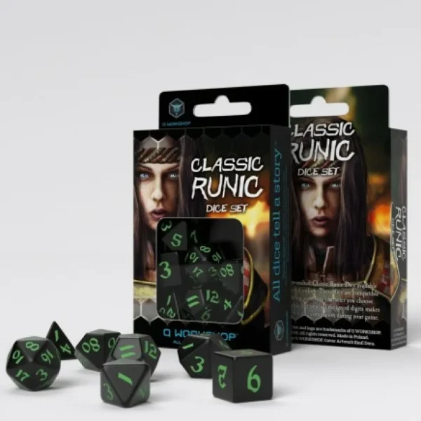 Q Workshop Classic Runic Black & Green Dice Set (7) Hot