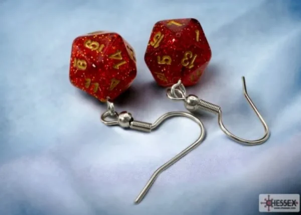 Chessex Hook Earrings Glitter Ruby Mini-Poly D20 Hot