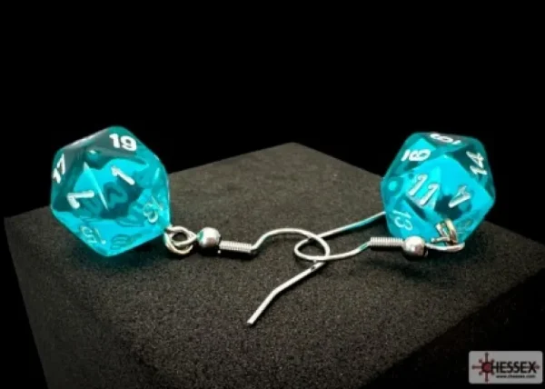 Chessex Hook Earrings Translucent Teal Mini-Poly D20 Best