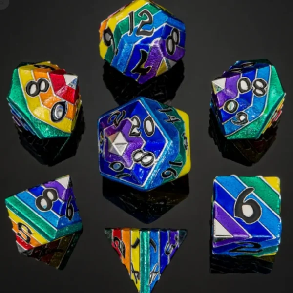 Hymgho Pride Rainbow Metal Silver W/Black Numbers Dice Set (7) Online